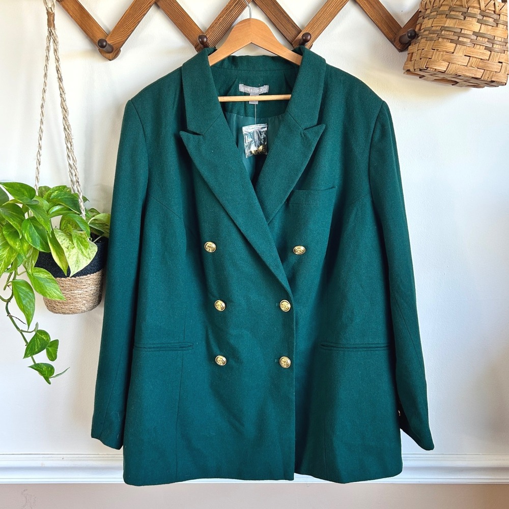 Jessica London Green Wool Blend Double Breasted Blazer Gold Crest Buttons 24